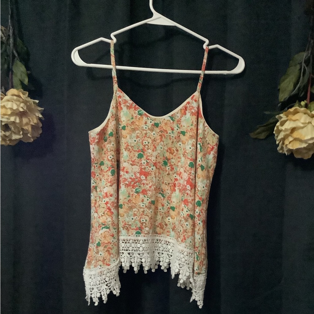 Moa moa floral spaghetti strap top with crochet hem SZ XS